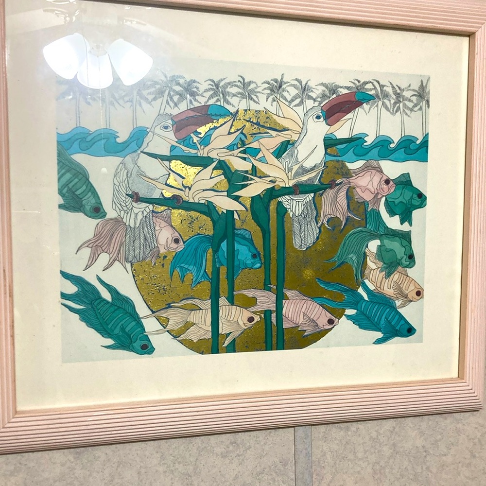 Framed Tropical Art Print with Birds and Fish